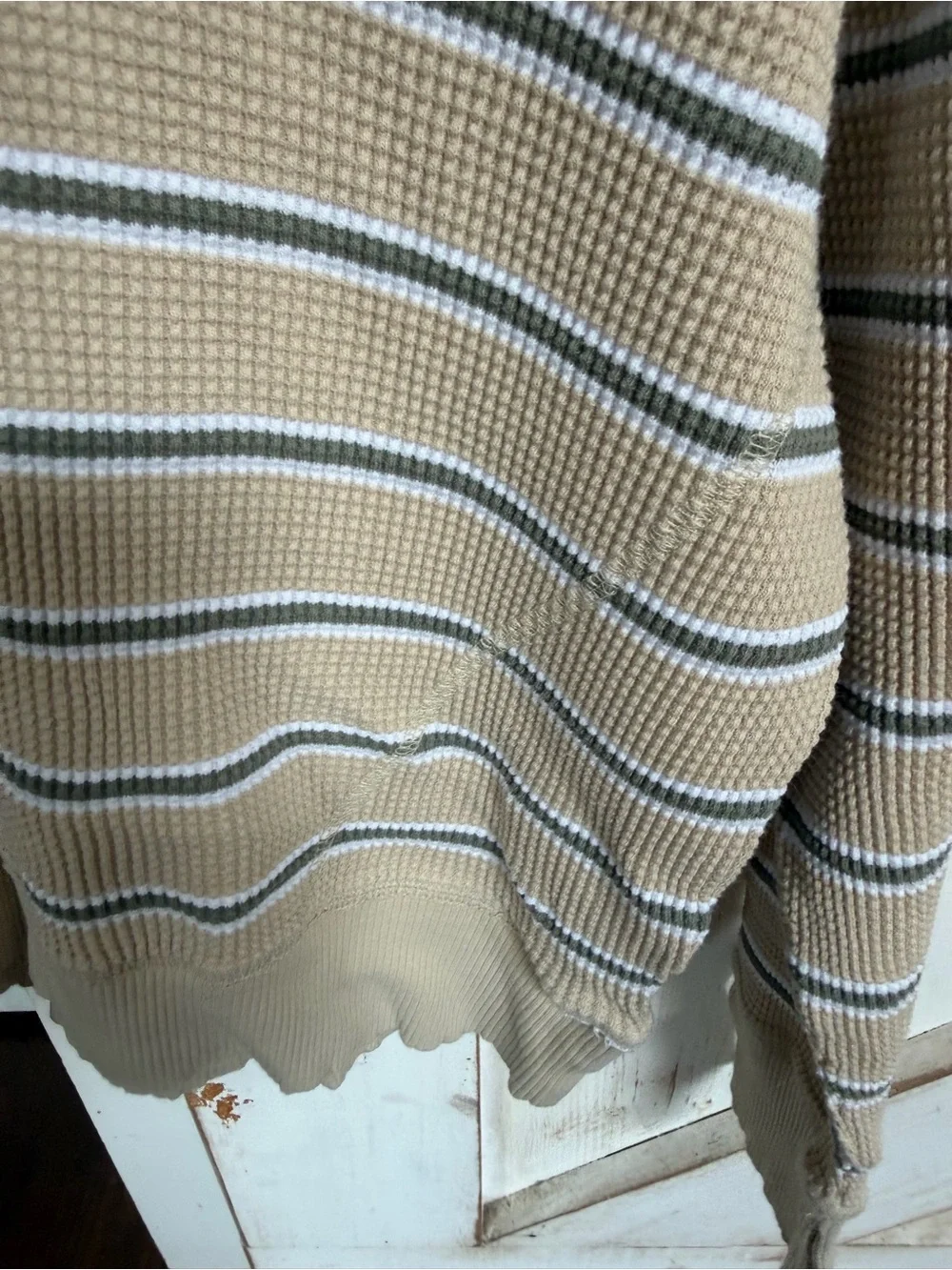 Aerie Offline Beige Striped Knit Top with Olive & White Accents